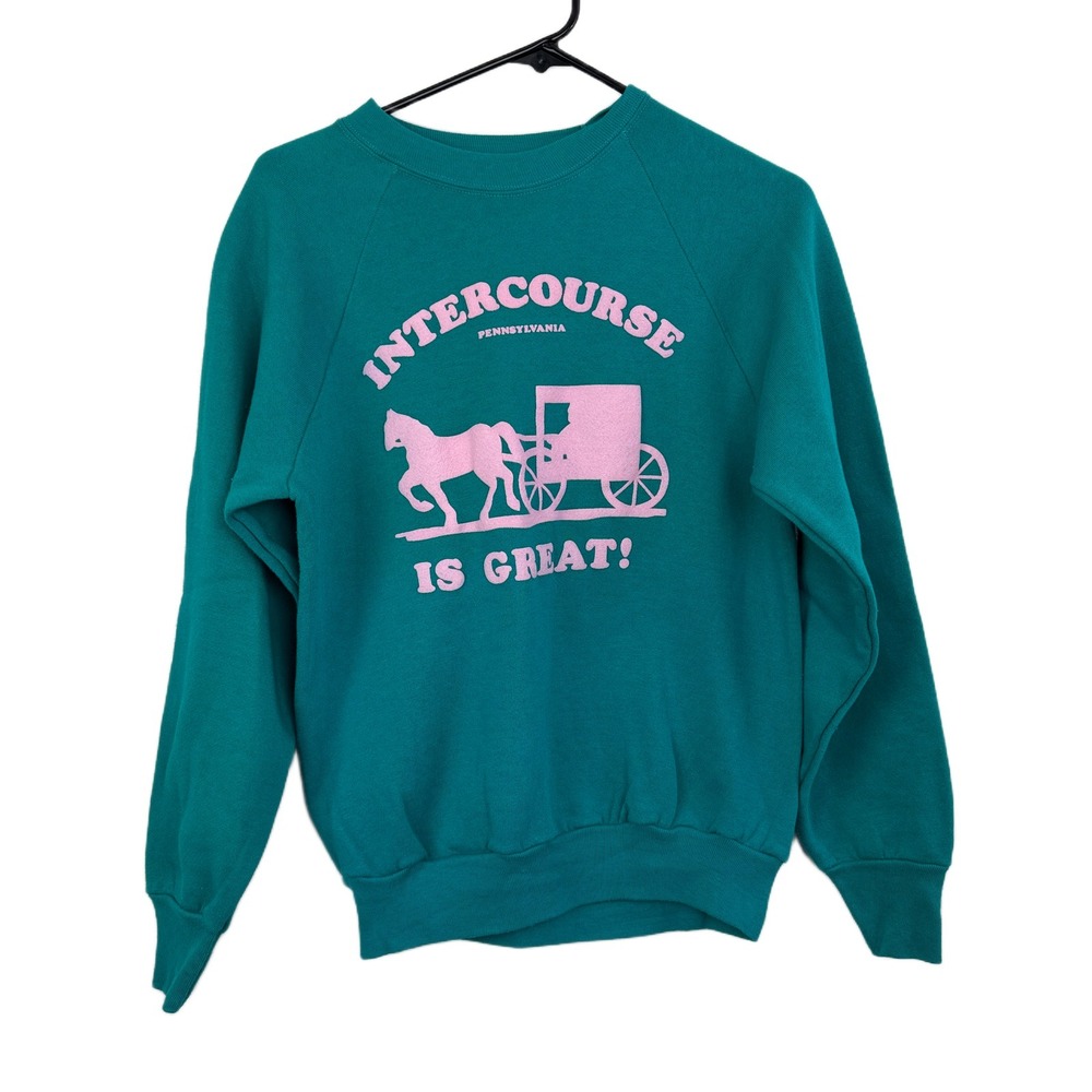 Vtg 80s 90s Intercourse Pennsylvania Sweatshirt Medium Green Pullover Novelty US